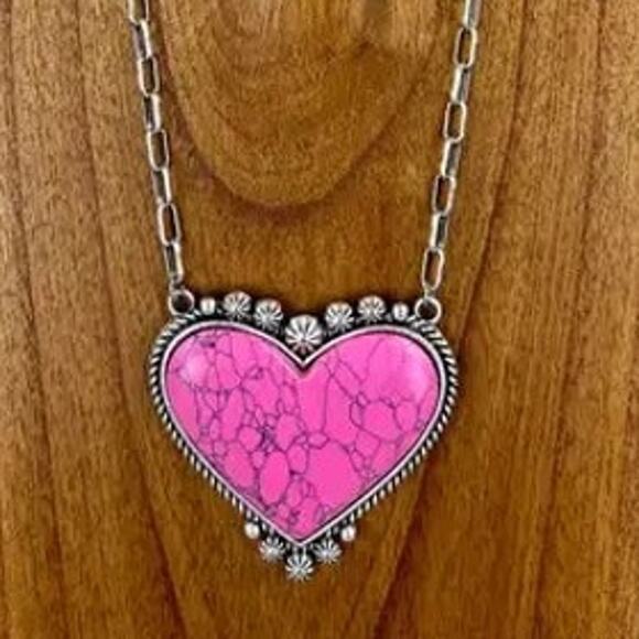 Pink Stone Heart Necklace Paper Clip Chain - Picture 2 of 2